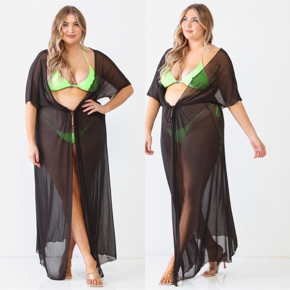 PLUS SIZE Black Sheer Mesh Midi Sleeve Drawstring Waist Maxi Kimono Cover Up